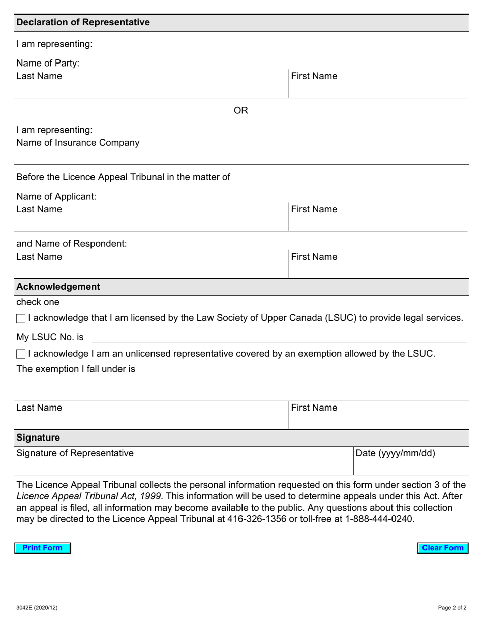 Form 3042 Declaration of Representative - Ontario, Canada, Page 2