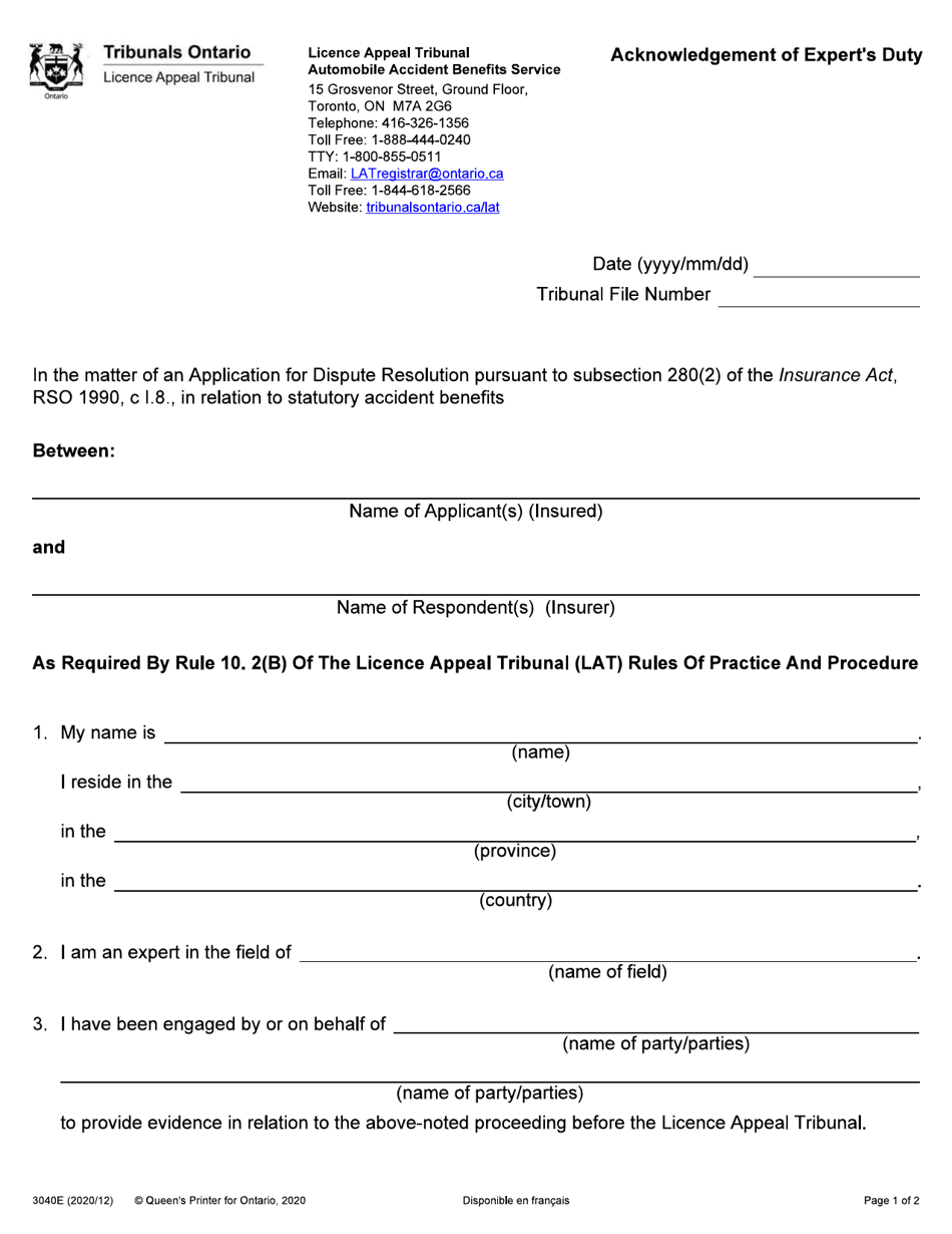 Form 3040E Acknowledgement of Experts Duty - Ontario, Canada, Page 1