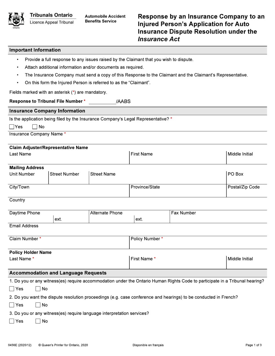 Form 0456E Response by an Insurance Company to an Injured Persons Application for Auto Insurance Dispute Resolution Under the Insurance Act - Ontario, Canada, Page 1