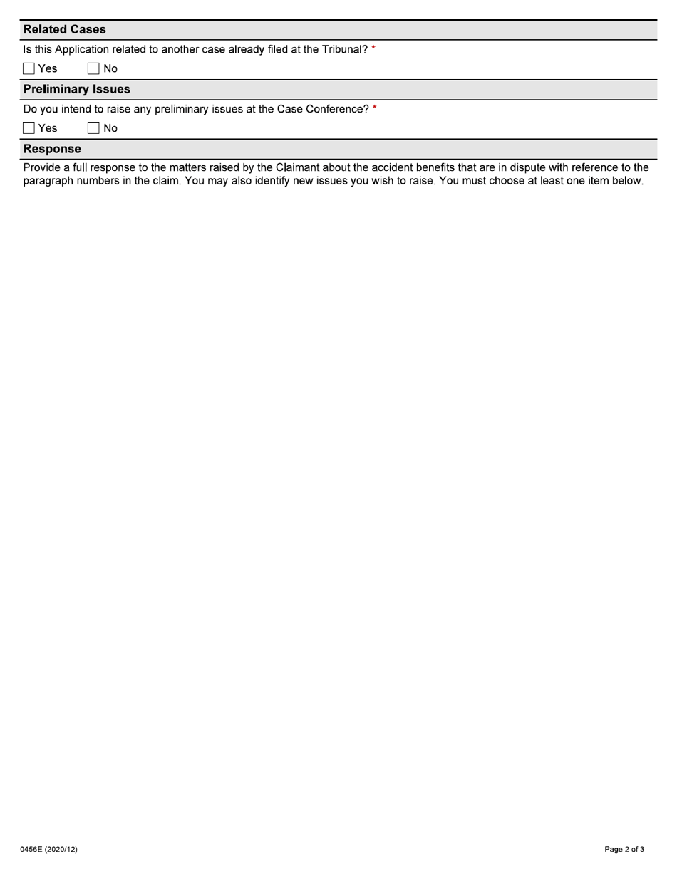 Form 0456E Response by an Insurance Company to an Injured Persons Application for Auto Insurance Dispute Resolution Under the Insurance Act - Ontario, Canada, Page 2