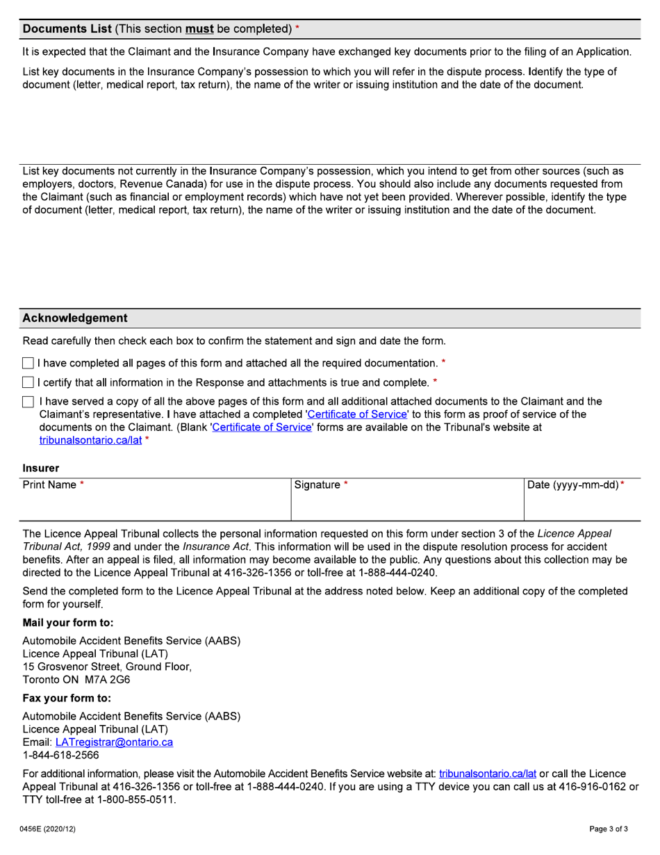 Form 0456E Response by an Insurance Company to an Injured Persons Application for Auto Insurance Dispute Resolution Under the Insurance Act - Ontario, Canada, Page 3