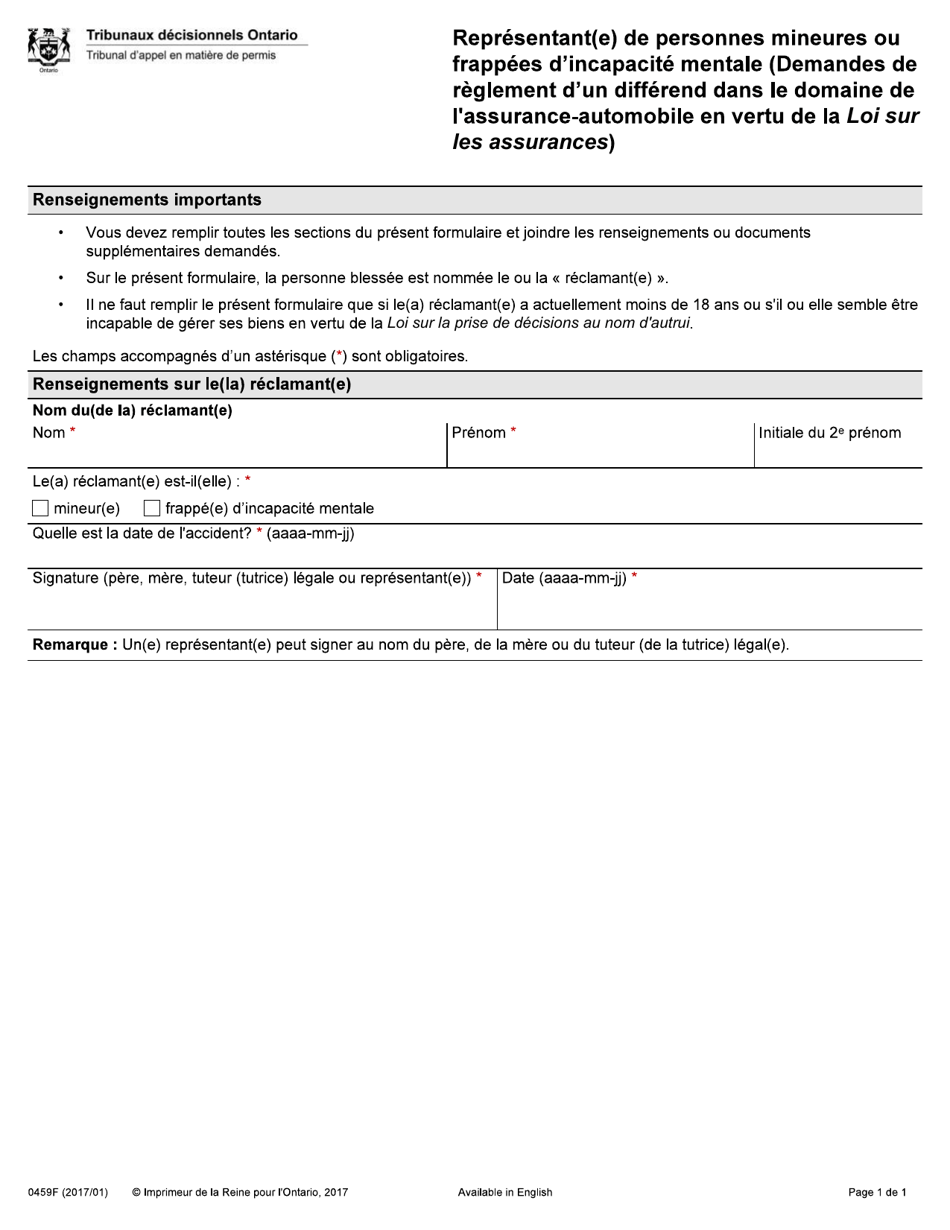 Forme 0459F Representant(E) De Personnes Mineures Ou Frappees Dincapacite Mentale - Ontario, Canada (French), Page 1