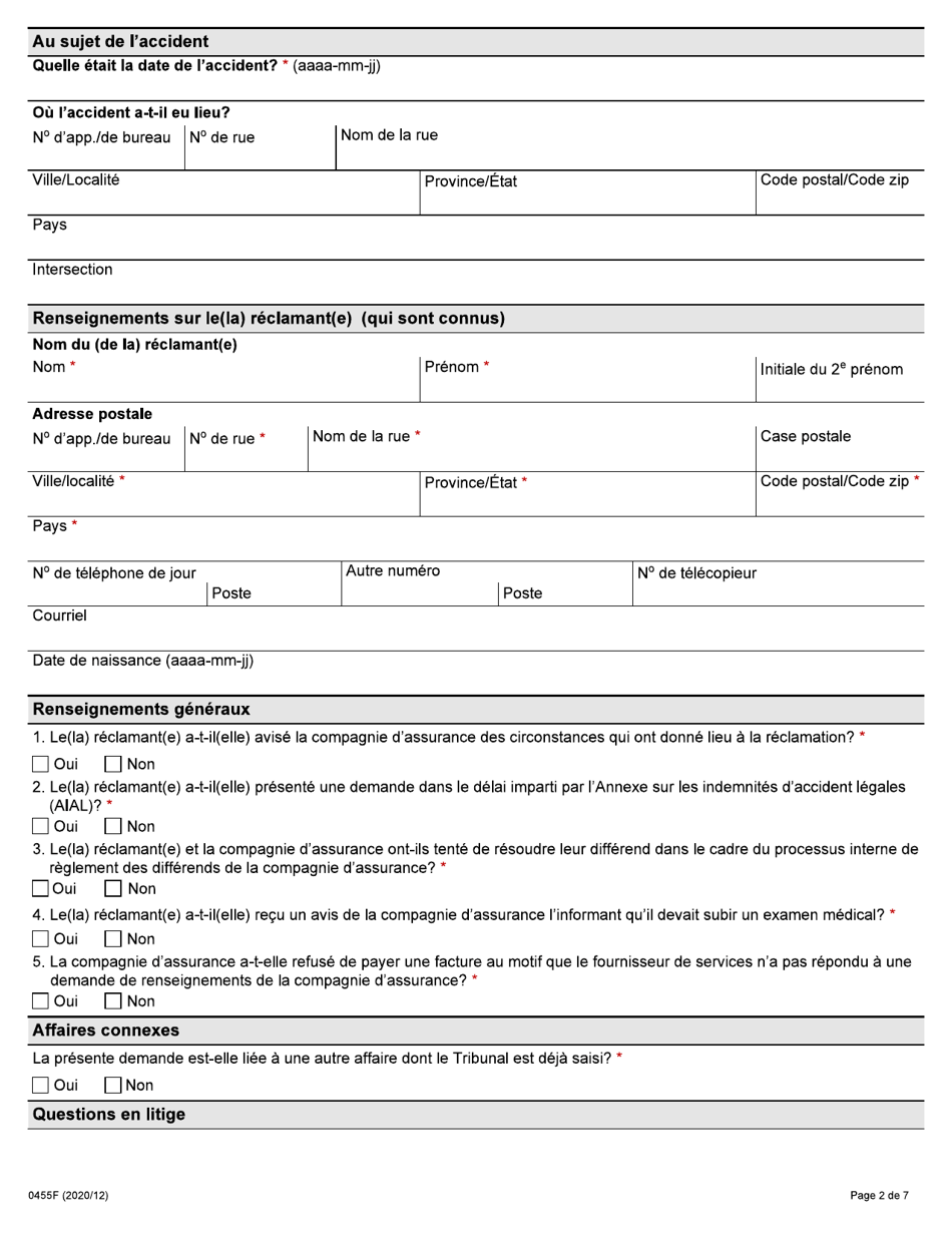 Forme 0455F Demande Dune Compagnie Dassurance En Vue Dobtenir Le Reglement Dun Differend Dans Le Domaine De Lassurance-Automobile En Vertu De La Loi Sur Les Assurances - Ontario, Canada (French), Page 2