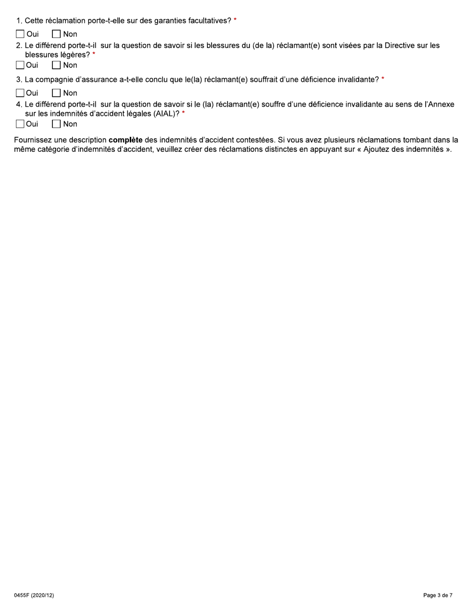 Forme 0455F Demande Dune Compagnie Dassurance En Vue Dobtenir Le Reglement Dun Differend Dans Le Domaine De Lassurance-Automobile En Vertu De La Loi Sur Les Assurances - Ontario, Canada (French), Page 3
