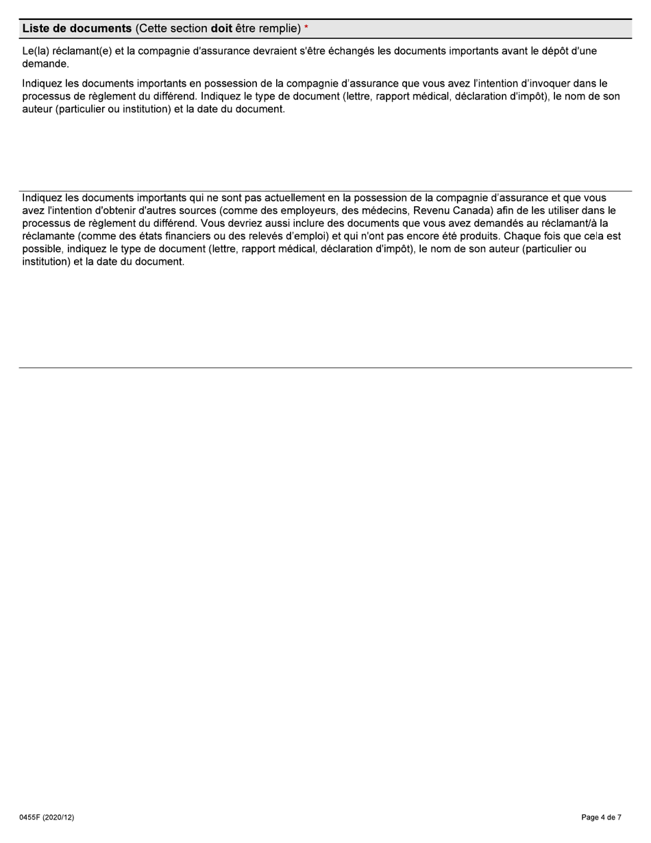 Forme 0455F Demande Dune Compagnie Dassurance En Vue Dobtenir Le Reglement Dun Differend Dans Le Domaine De Lassurance-Automobile En Vertu De La Loi Sur Les Assurances - Ontario, Canada (French), Page 4