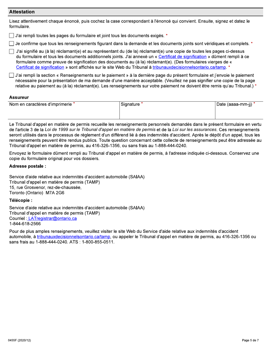 Forme 0455F Demande Dune Compagnie Dassurance En Vue Dobtenir Le Reglement Dun Differend Dans Le Domaine De Lassurance-Automobile En Vertu De La Loi Sur Les Assurances - Ontario, Canada (French), Page 5