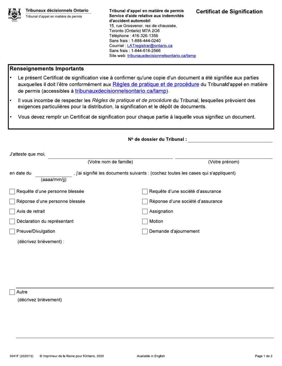 Forme 3041F Certificat De Signification - Ontario, Canada (French), Page 1