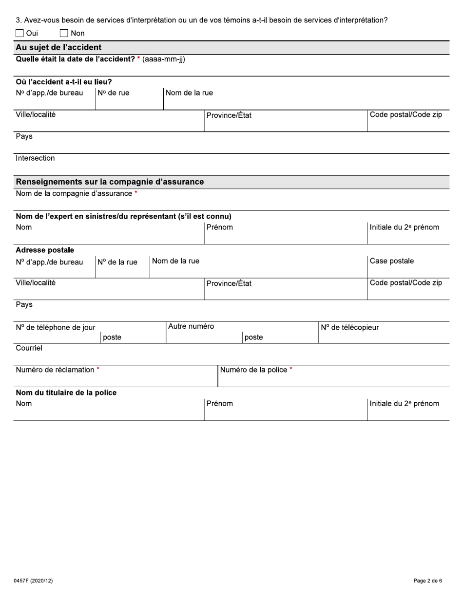 Forme 0457F Demande Dune Personne Blessee En Vue Dobtenir Le Reglement Dun Differend Dans Le Domaine De Lassurance-Automobile En Vertu De La Loi Sur Les Assurances - Ontario, Canada (French), Page 2