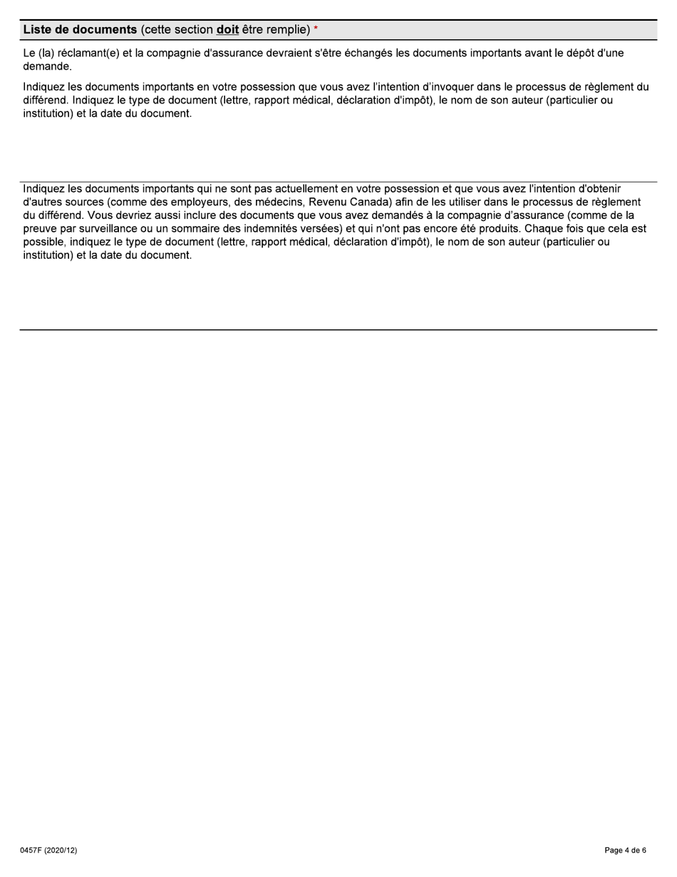 Forme 0457F Demande Dune Personne Blessee En Vue Dobtenir Le Reglement Dun Differend Dans Le Domaine De Lassurance-Automobile En Vertu De La Loi Sur Les Assurances - Ontario, Canada (French), Page 4