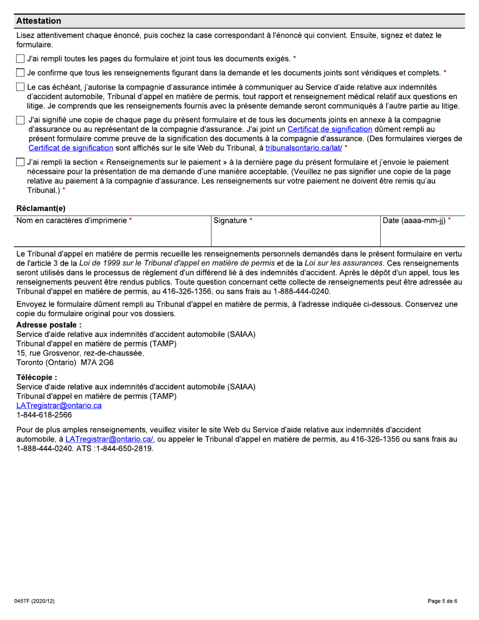 Forme 0457F Demande Dune Personne Blessee En Vue Dobtenir Le Reglement Dun Differend Dans Le Domaine De Lassurance-Automobile En Vertu De La Loi Sur Les Assurances - Ontario, Canada (French), Page 5