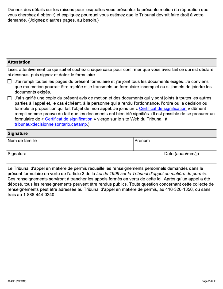 Forme 3043F Avis De Motion - Ontario, Canada (French), Page 2