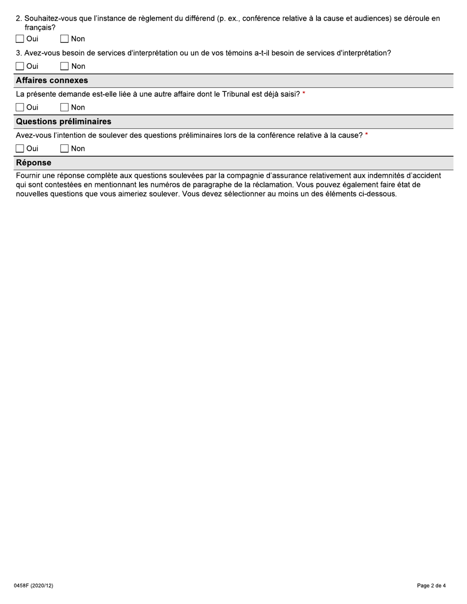 Forme 0458 Reponse De La Personne Blessee a La Demande Dune Compagnie Dassurance En Vue Dobtenir Le Reglement Dun Differend Dans Le Domaine De Lassurance-Automobile En Vertu De La Loi Sur Les Assurances - Ontario, Canada (French), Page 2