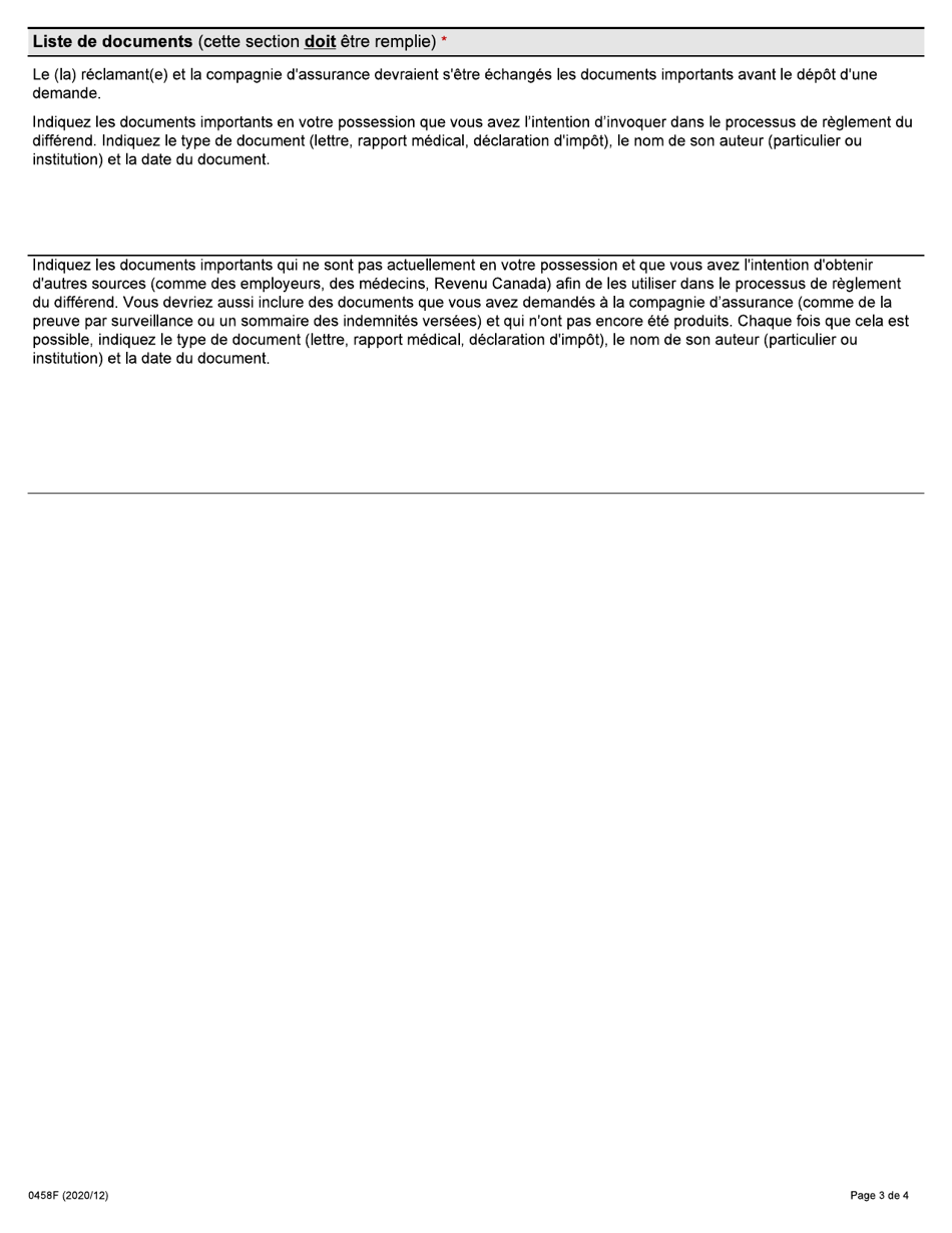 Forme 0458 Reponse De La Personne Blessee a La Demande Dune Compagnie Dassurance En Vue Dobtenir Le Reglement Dun Differend Dans Le Domaine De Lassurance-Automobile En Vertu De La Loi Sur Les Assurances - Ontario, Canada (French), Page 3