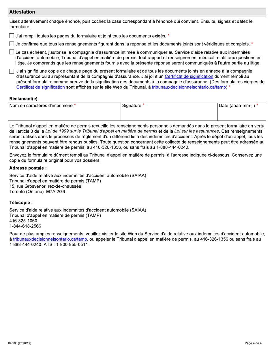 Forme 0458 Reponse De La Personne Blessee a La Demande Dune Compagnie Dassurance En Vue Dobtenir Le Reglement Dun Differend Dans Le Domaine De Lassurance-Automobile En Vertu De La Loi Sur Les Assurances - Ontario, Canada (French), Page 4