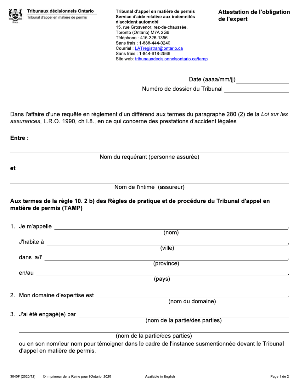 Forme 3040F Attestation De Lobligation De Lexpert - Ontario, Canada (French), Page 1