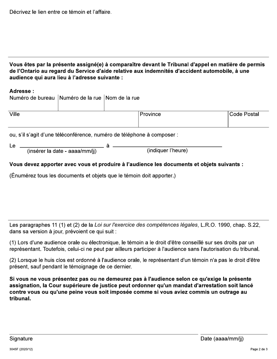 Forme 3045F Assignation De Temoins - Ontario, Canada (French), Page 2