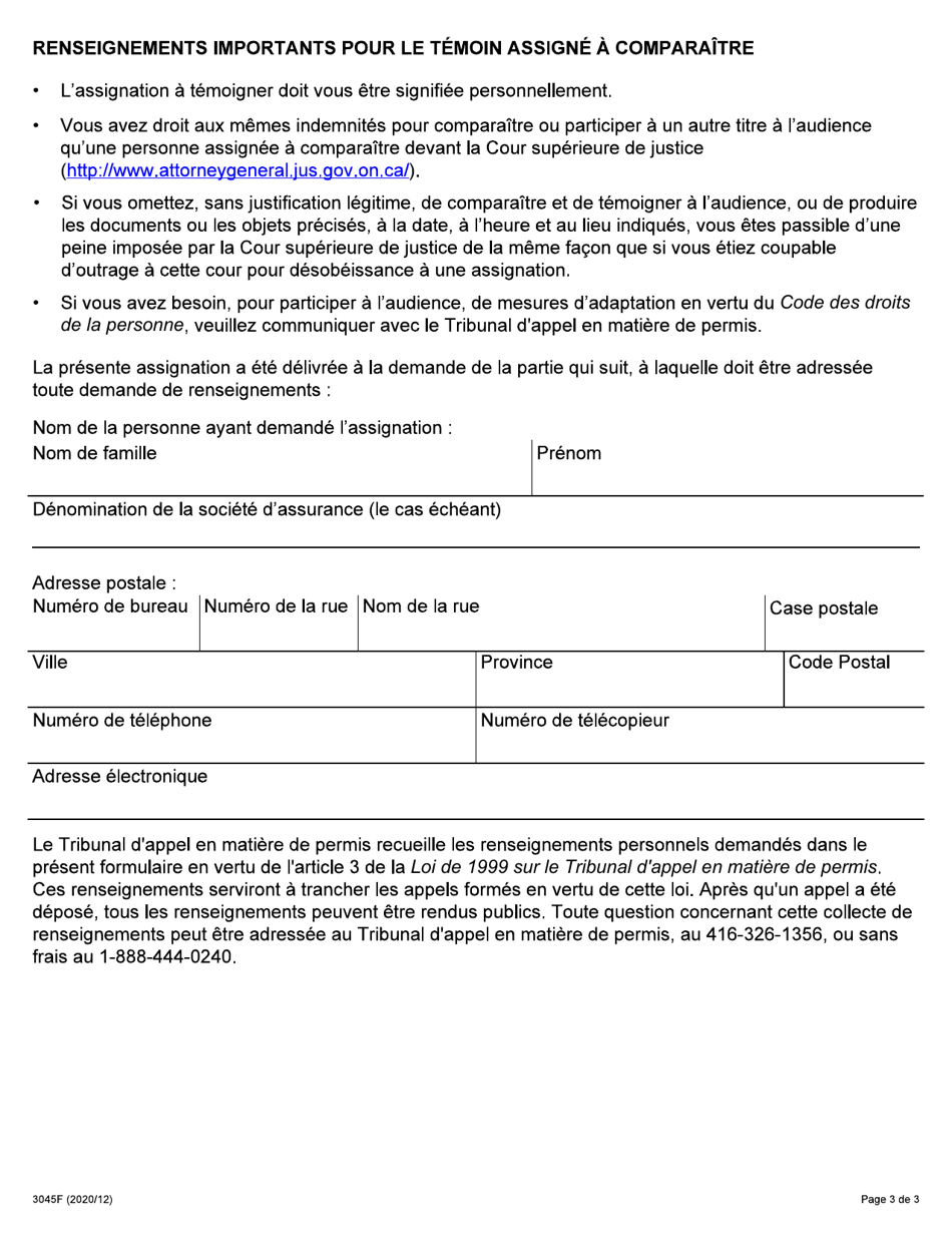 Forme 3045F Assignation De Temoins - Ontario, Canada (French), Page 3