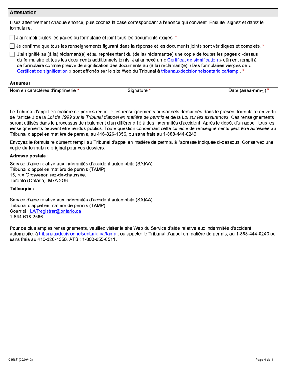 Forme 0456F Reponse De La Compagnie Dassurance a La Demande Dune Personne Blessee En Vue Dobtenir Le Reglement Dun Differend Dans Le Domaine De Lassurance-Automobile En Vertu De La Loi Sur Les Assurances - Ontario, Canada (French), Page 4