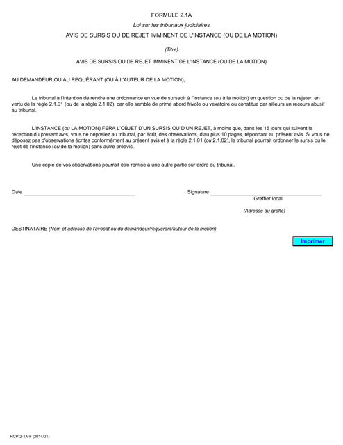 Forme 2.1A Avis De Sursis Ou De Rejet Imminent De L'instance (Ou De La Motion) - Ontario, Canada (French)