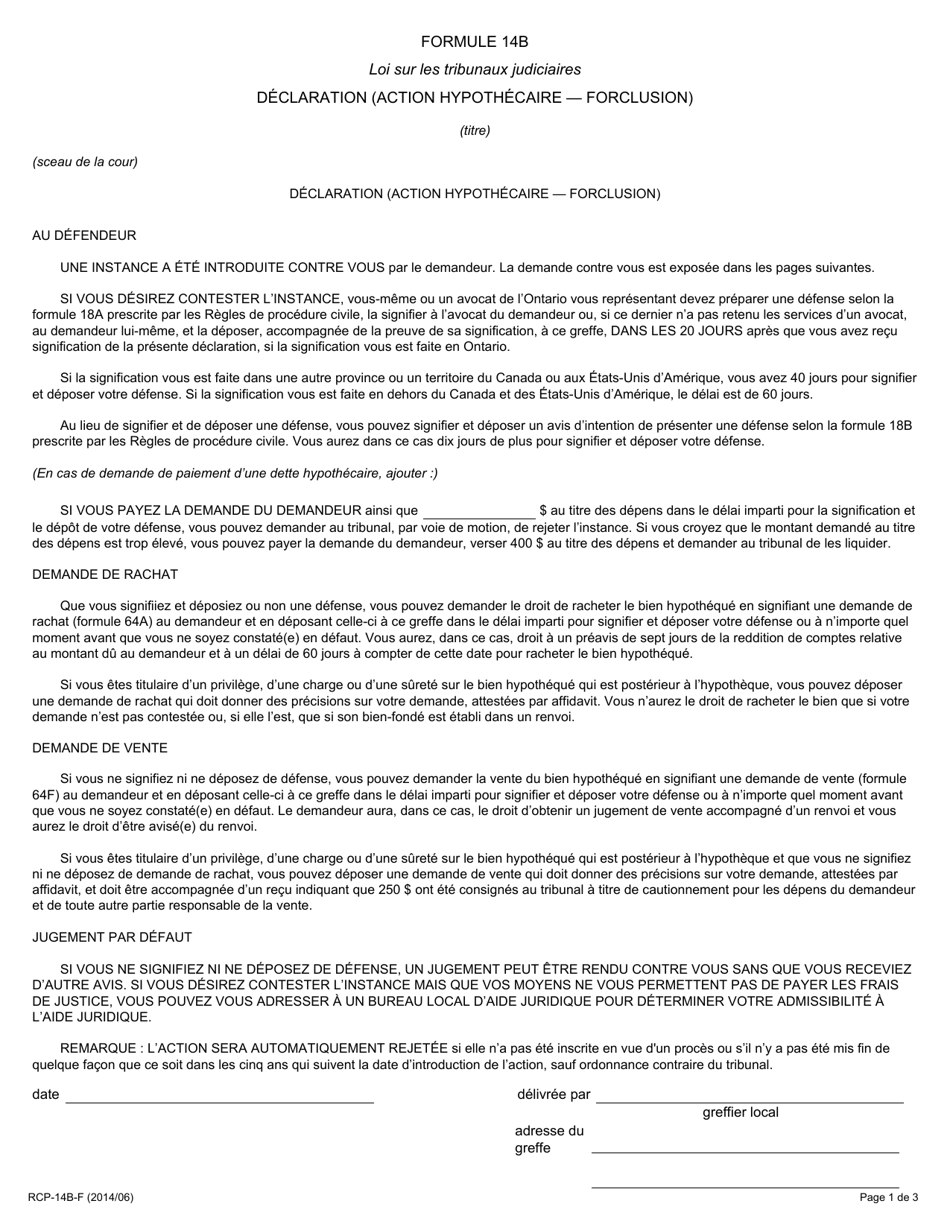 Forme 14B Declaration (Action Hypothecaire - Forclusion) - Ontario, Canada (French), Page 1
