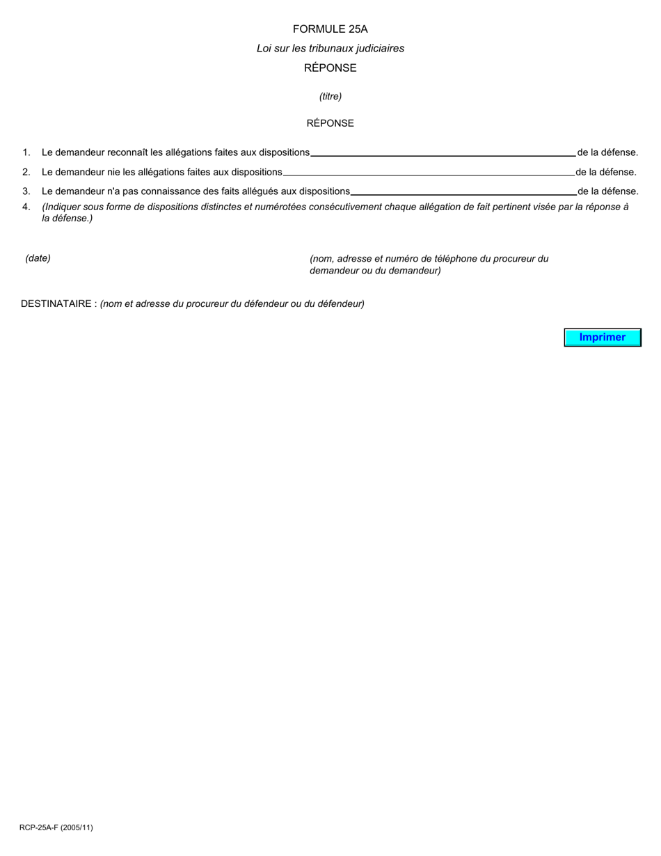 Forme 25A Reponse - Ontario, Canada (French), Page 1