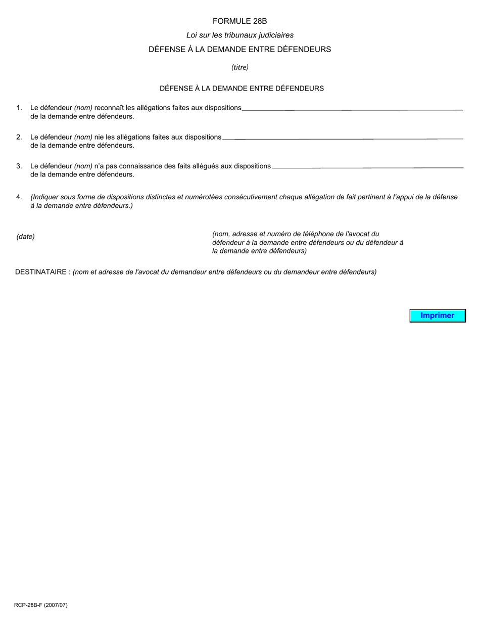 Forme 28B Defense a La Demande Entre Defendeurs - Ontario, Canada (French), Page 1