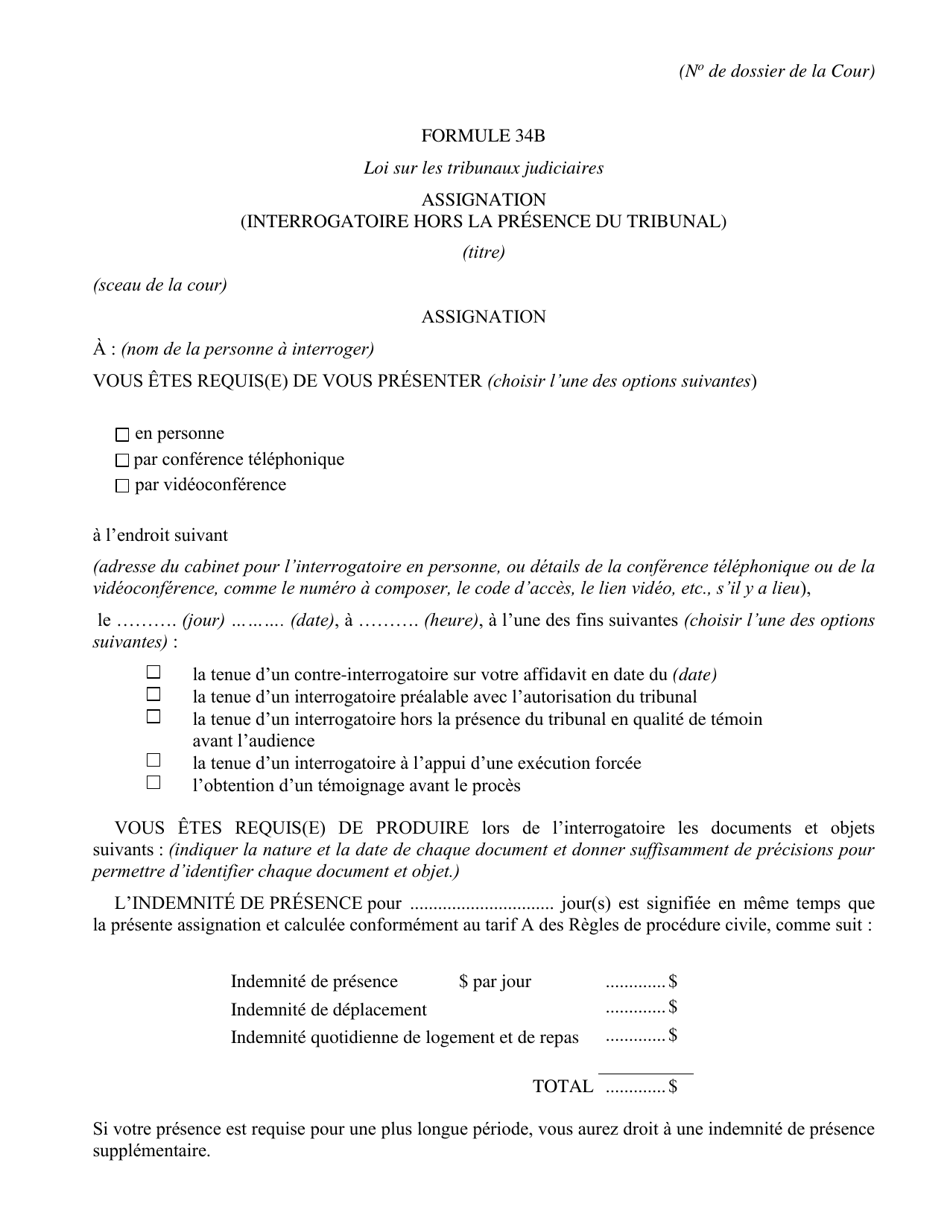 Forme 34B Assignation (Interrogatoire Hors La Presence Du Tribunal) - Ontario, Canada (French), Page 1