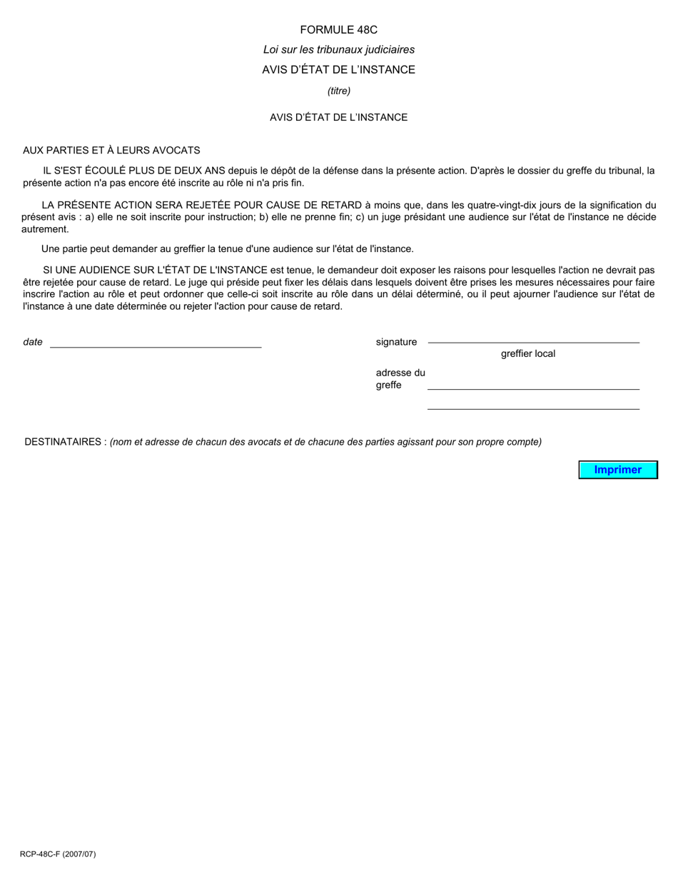 Forme 48C Avis Detat De Linstance - Ontario, Canada (French), Page 1