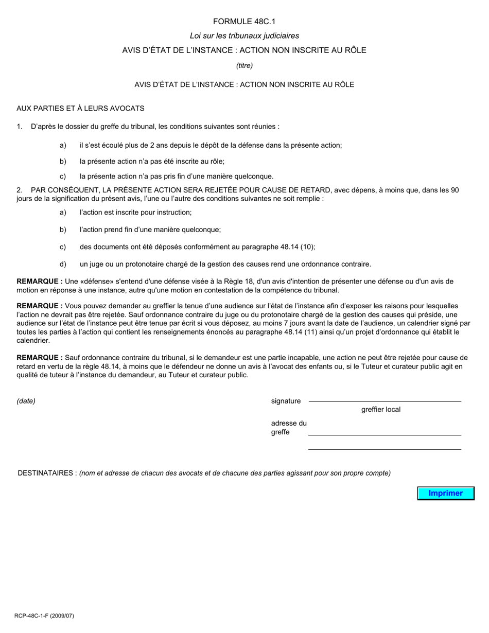 Forme 48C.1 Avis Detat De Linstance: Action Non Inscrite Au Role - Ontario, Canada (French), Page 1