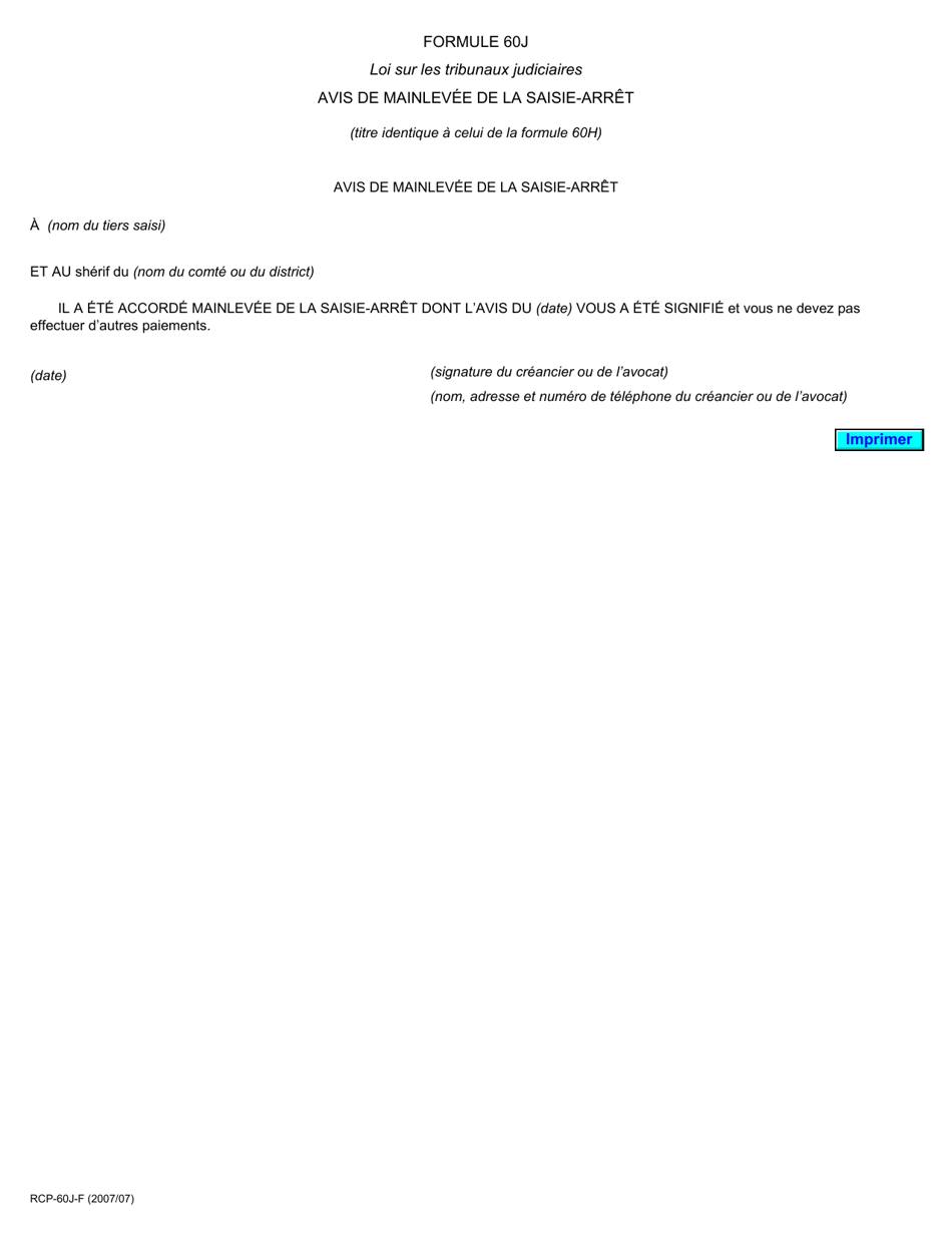 Forme 60J Avis De Mainlevee De La Saisie-Arret - Ontario, Canada (French), Page 1