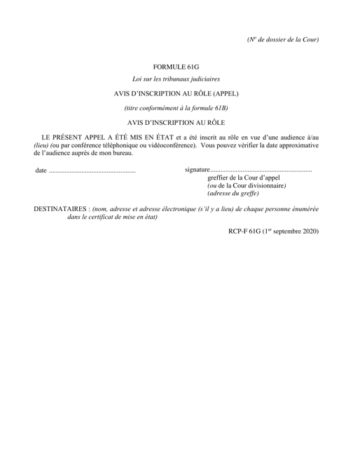Forme 61G Avis D'inscription Au Role (Appel) - Ontario, Canada (French)
