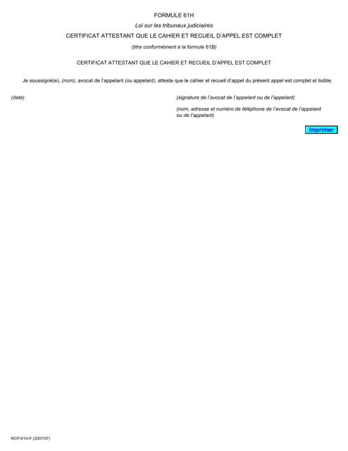 Forme 61H Certificat Attestant Que Le Cahier Et Recueil D'appel Est Complet - Ontario, Canada (French)