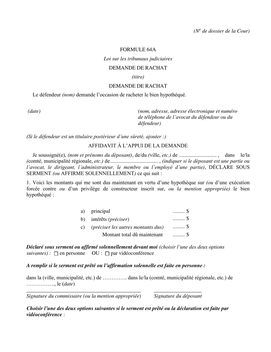 Forme 64A Demande De Rachat - Ontario, Canada (French), Page 1