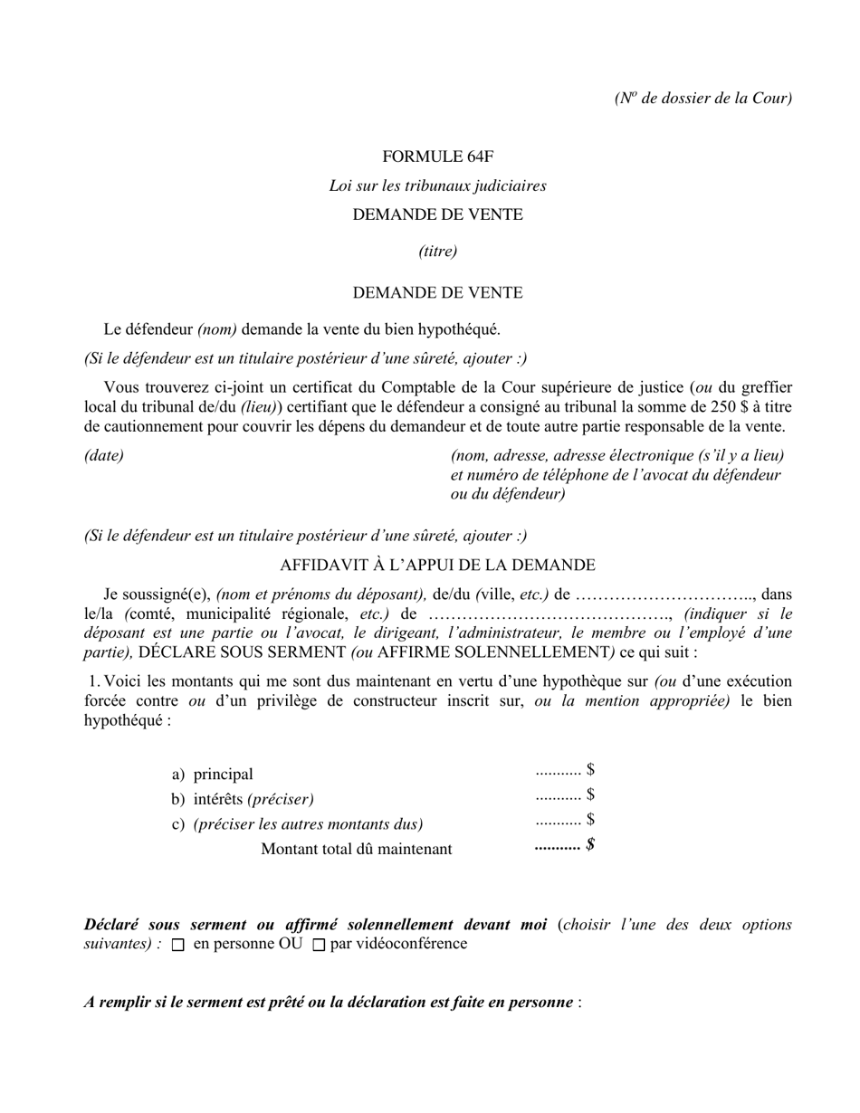 Forme 64F Demande De Vente - Ontario, Canada (French), Page 1