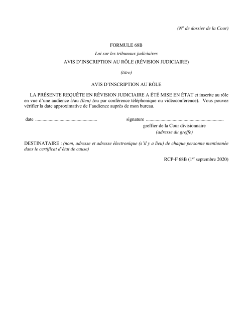 Forme 68B Avis D'inscription Au Role (Revision Judiciaire) - Ontario, Canada (French)