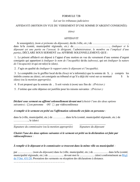 Forme 72B Affidavit (Motion En Vue Du Versement D'une Somme D'argent Consignee) - Ontario, Canada (French)