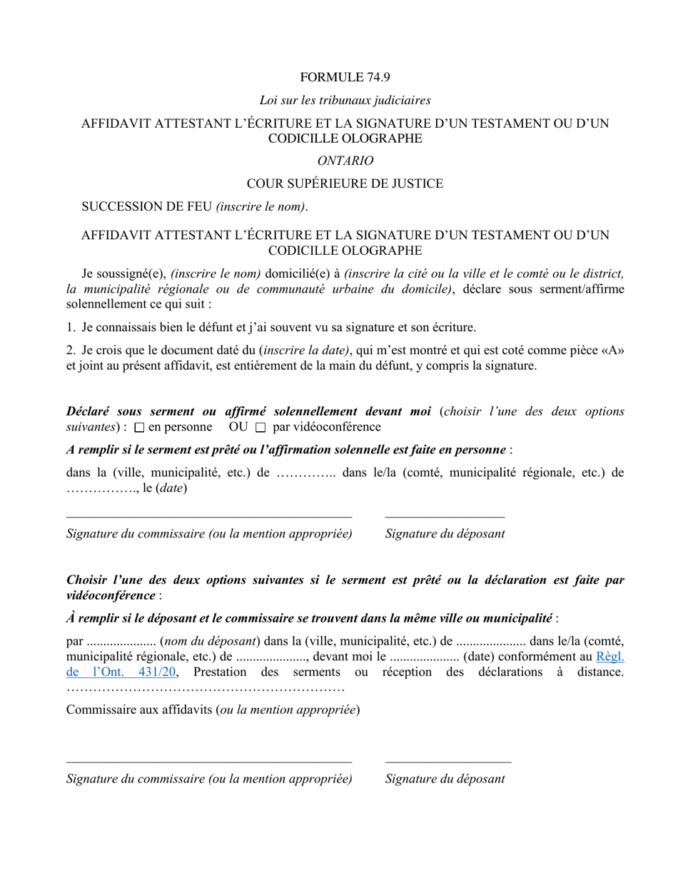 Forme 74.9 Affidavit Attestant Lecriture Et La Signature Dun Testament Ou Dun Codicille Olographe - Ontario, Canada (French), Page 1