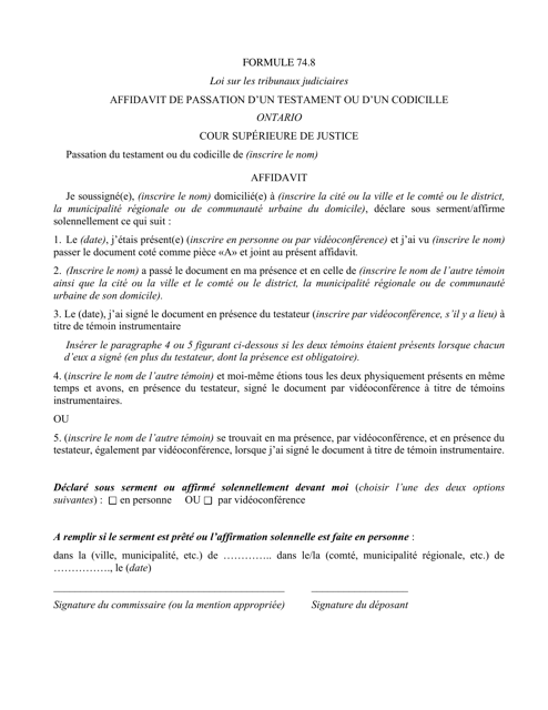 Forme 74.8 Affidavit De Passation D'un Testament Ou D'un Codicille - Ontario, Canada (French)