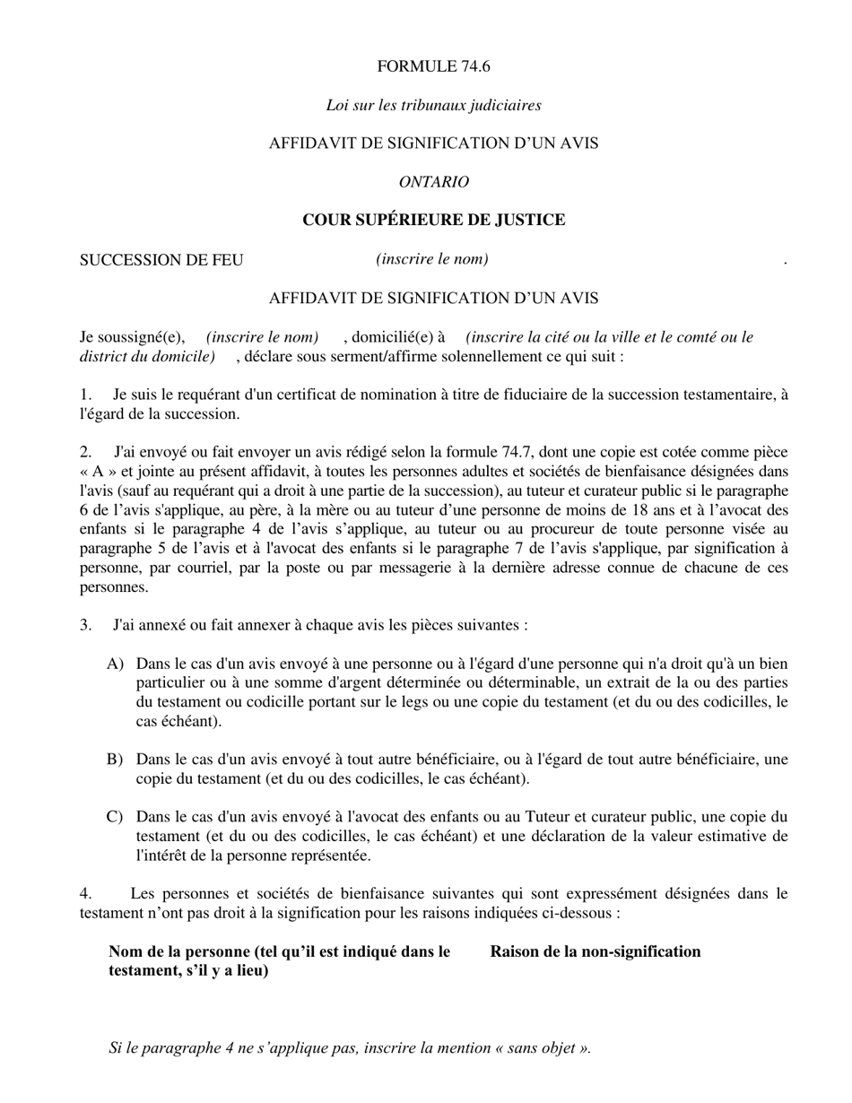 Forme 74.6 Affidavit De Signification Dun Avis - Ontario, Canada (French), Page 1