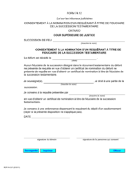 Document preview: Forme 74.12 Consentement a La Nomination D'un Requerant a Titre De Fiduciaire De La Succession Testamentaire - Ontario, Canada (French)