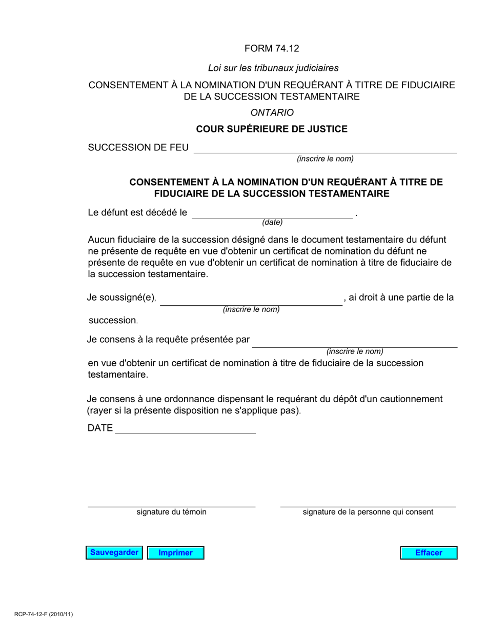 Forme 74.12 Consentement a La Nomination Dun Requerant a Titre De Fiduciaire De La Succession Testamentaire - Ontario, Canada (French), Page 1