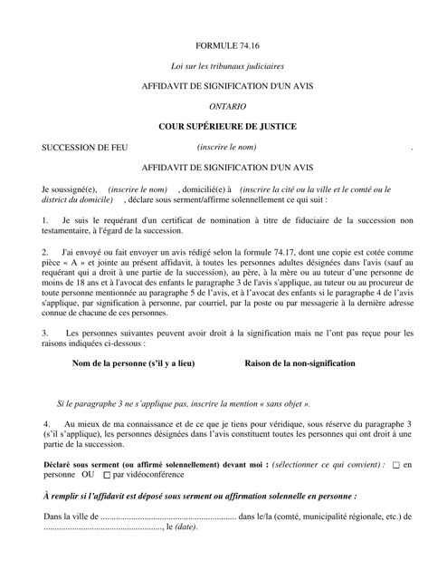 Forme 74.16 Affidavit De Signification D'un Avis - Ontario, Canada (French)