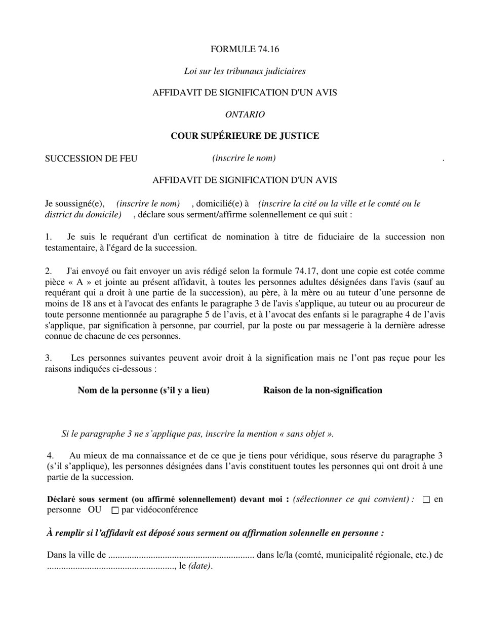 Forme 74.16 Affidavit De Signification Dun Avis - Ontario, Canada (French), Page 1