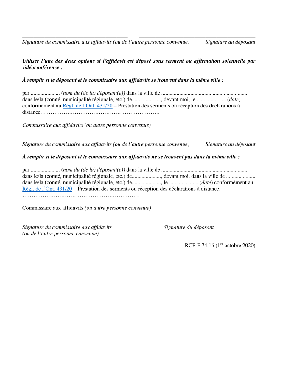Forme 74.16 Affidavit De Signification Dun Avis - Ontario, Canada (French), Page 2