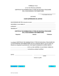 Document preview: Forme 74.23 Certificat De Nomination a Titre De Nouveau Fiduciaire De La Succession Testamentaire - Ontario, Canada (French)
