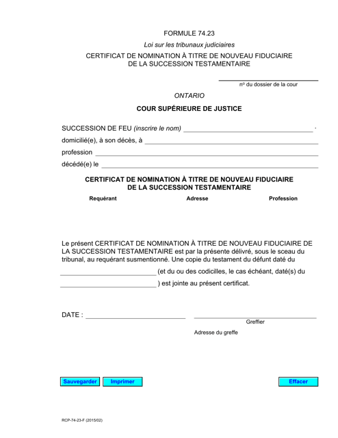 Forme 74.23 Certificat De Nomination a Titre De Nouveau Fiduciaire De La Succession Testamentaire - Ontario, Canada (French)