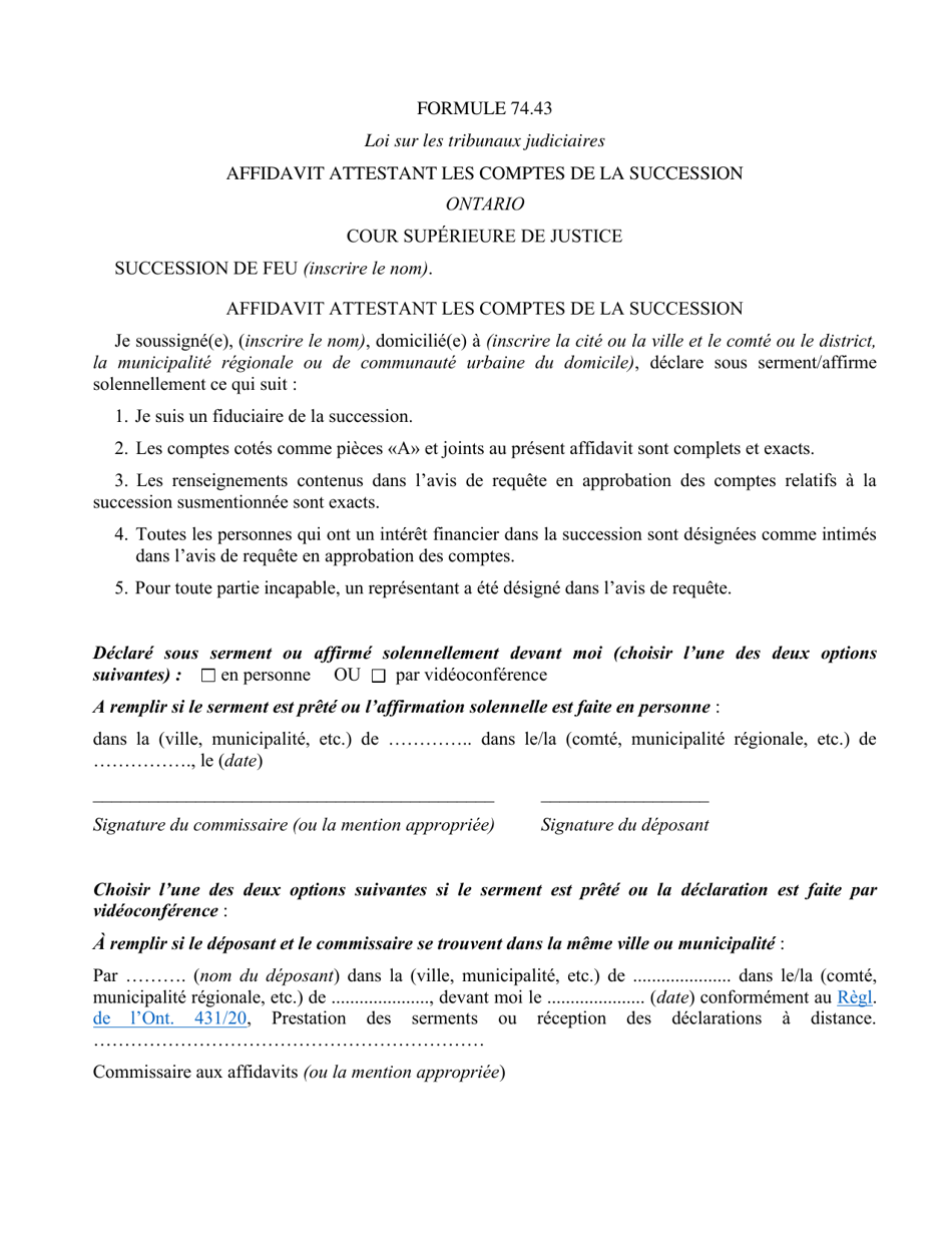 Forme 74.43 Affidavit Attestant Les Comptes De La Succession - Ontario, Canada (French), Page 1
