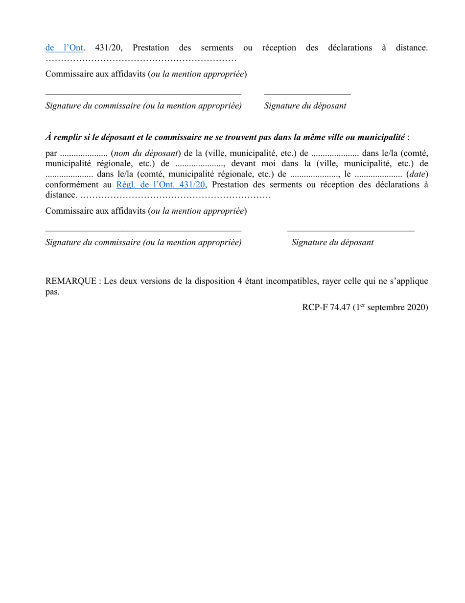 Forme 74.47 Affidavit a Lappui Dun Jugement Dapprobation DES Comptes En Labsence De Contestation - Ontario, Canada (French), Page 2