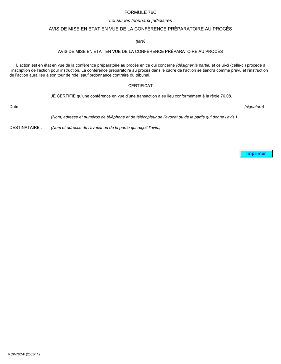 Forme 76C Avis De Mise En Etat En Vue De La Conference Preparatoire Au Proces - Ontario, Canada (French), Page 1