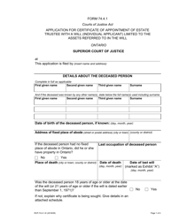 Document preview: Form 74.4.1 Application for Certificate of Appointment of Estate Trustee With a Will (Individual Applicant) Limited to the Assets Referred to in the Will - Ontario, Canada